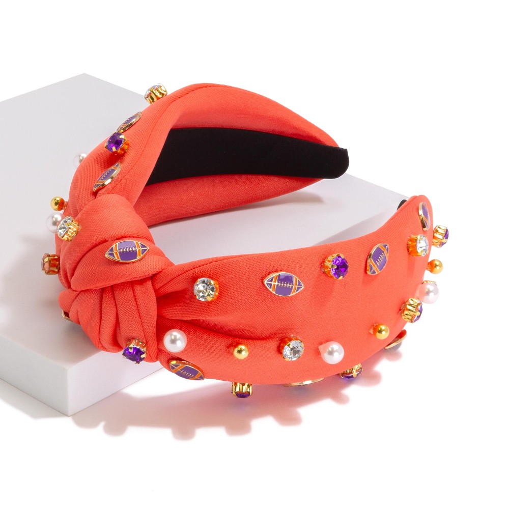 Statement Game Day Headband With Enameled Footballs, Pearl, and Rhinestones - One Size Fits Most view 2