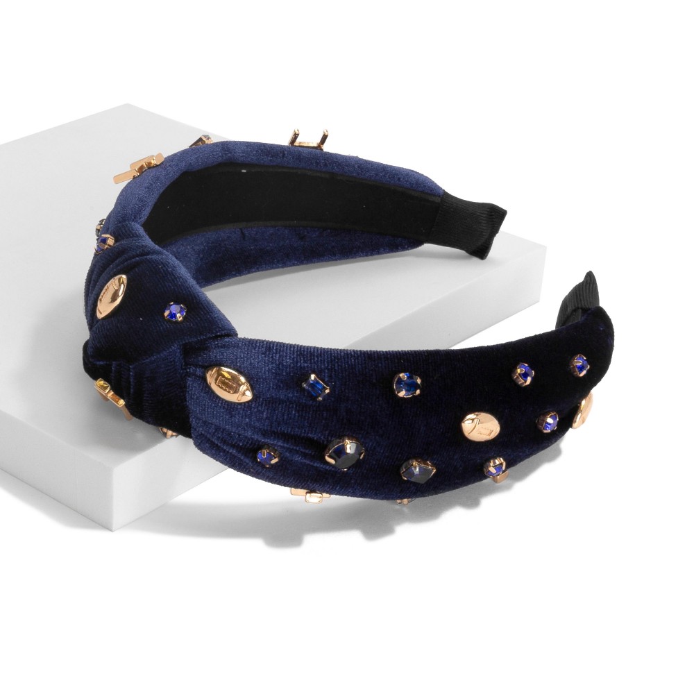Velvet Wrapped Gameday Headband With Football, Gamepost and Rhinestone Studded Details - One Size Fits Most view 2