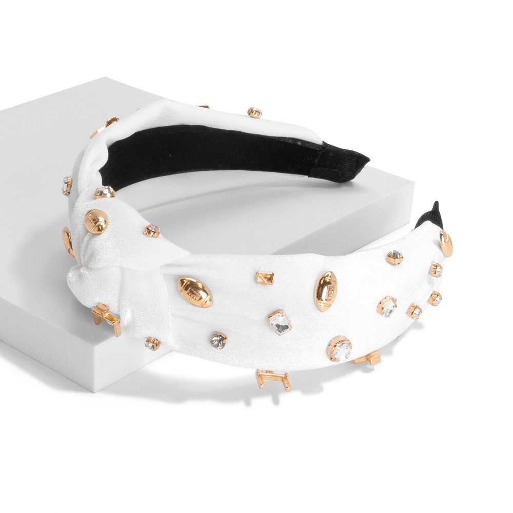 Velvet Wrapped Gameday Headband With Football, Gamepost and Rhinestone Studded Details - One Size Fits Most view 2
