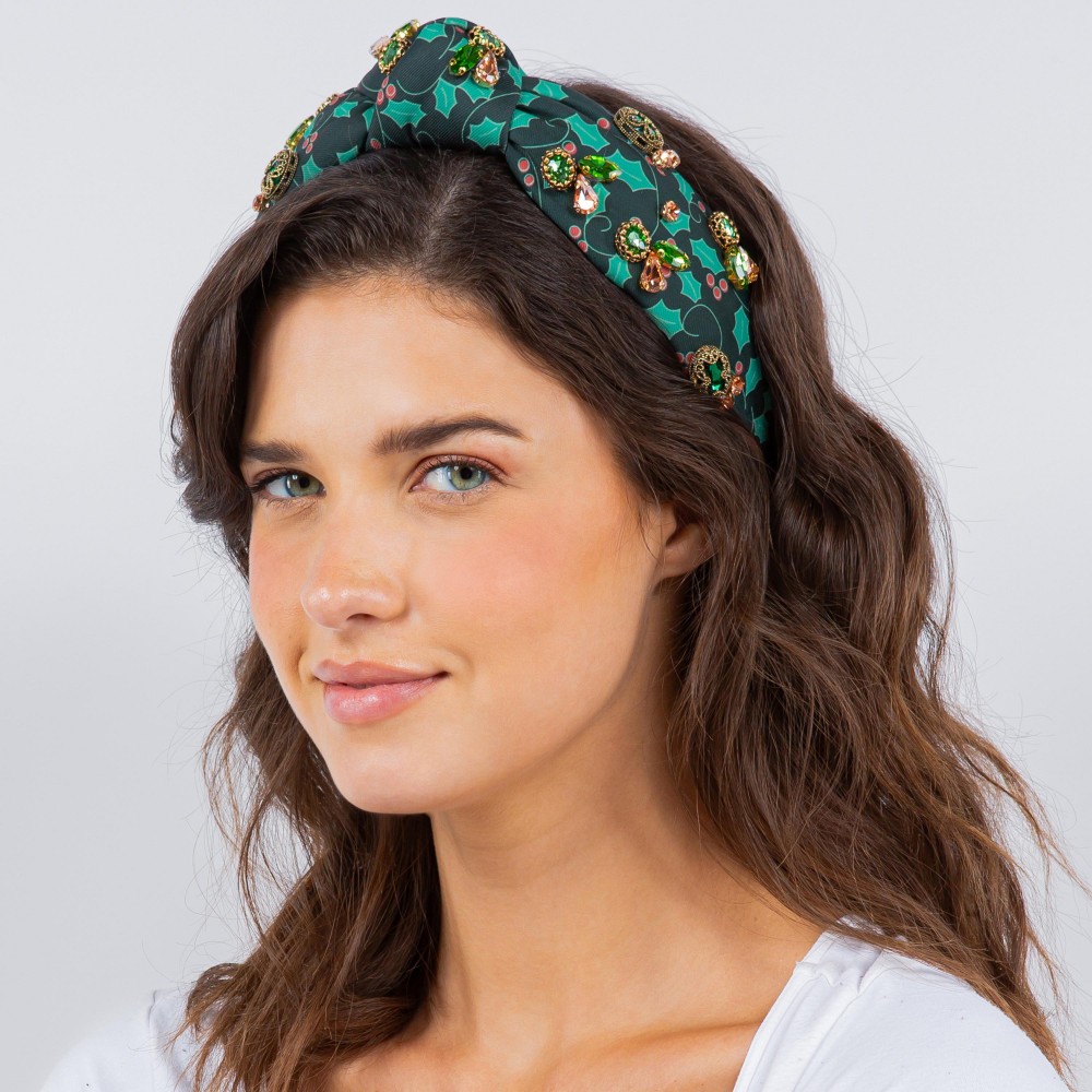 Christmas Holly Printed Top Knot Headband With Rhinestone Details - One Size Fits Most view 2