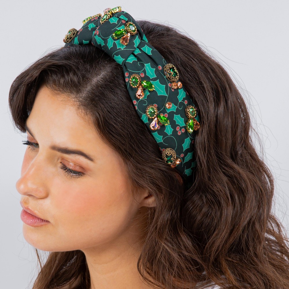 Christmas Holly Printed Top Knot Headband With Rhinestone Details - One Size Fits Most view 4