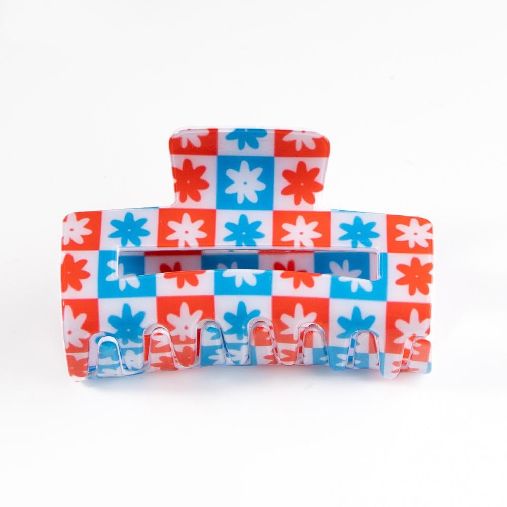 Flower Checkered Rectangle Hair Claw Clip - Approximately 3.5"L view 2