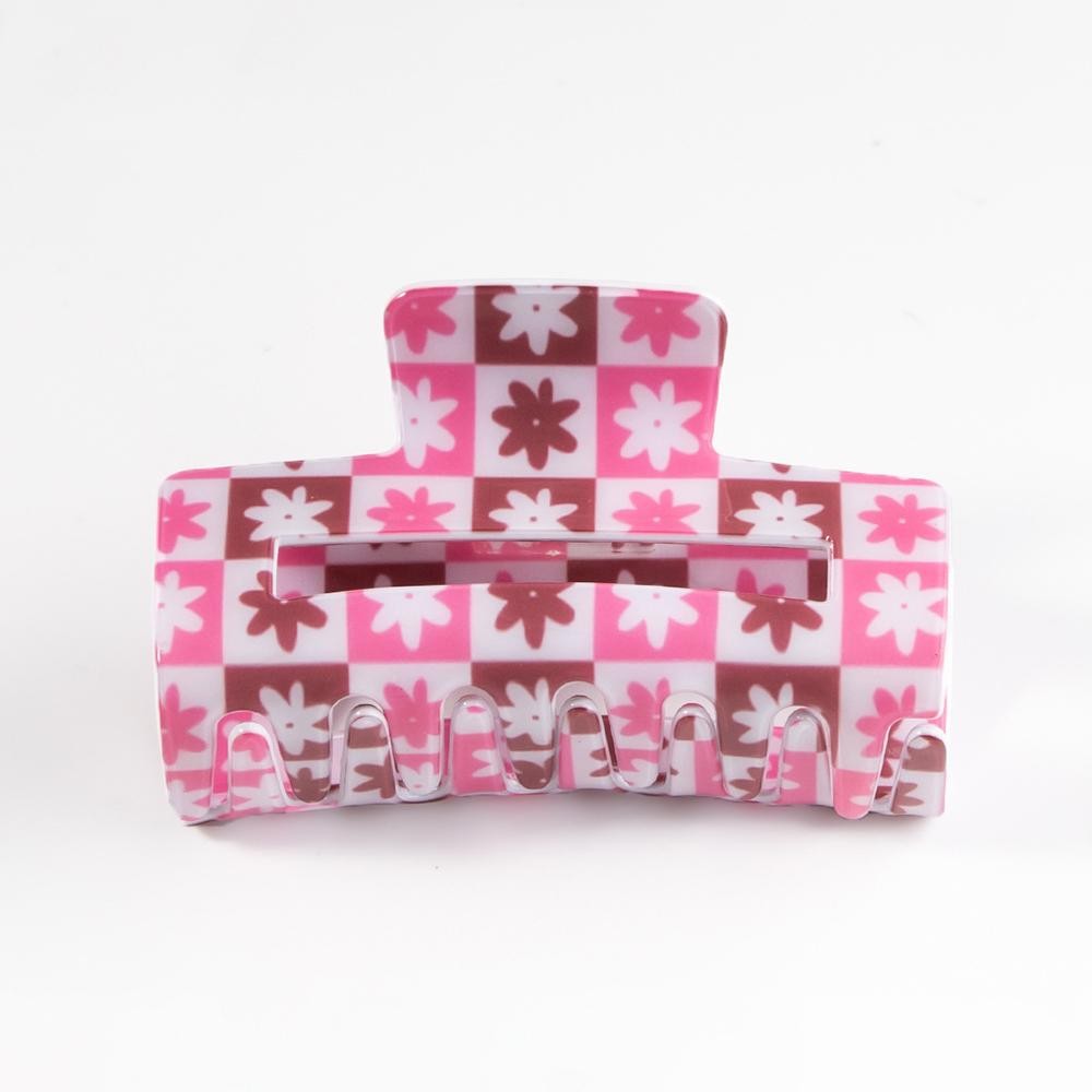 Flower Checkered Rectangle Hair Claw Clip - Approximately 3.5"L view 2