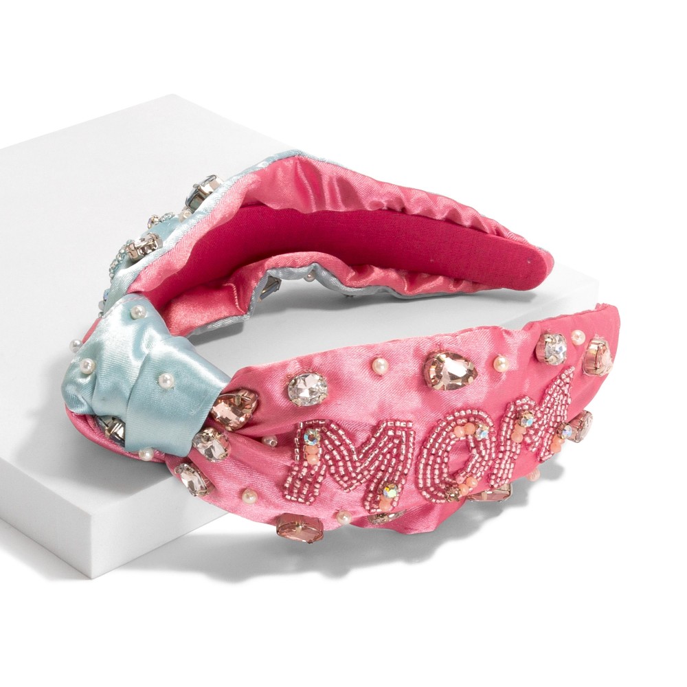 Rhinestone Studded Knotted Headband Featuring Beaded 'Mom' Detail - One Size Fits Most view 2