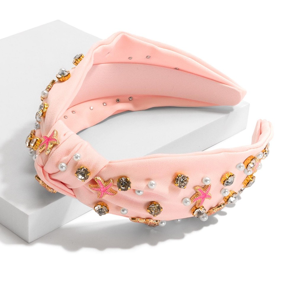 Rhinestone & Pearl Studded Knotted Headband Featuring Metal Starfish - One Size Fits Most view 2
