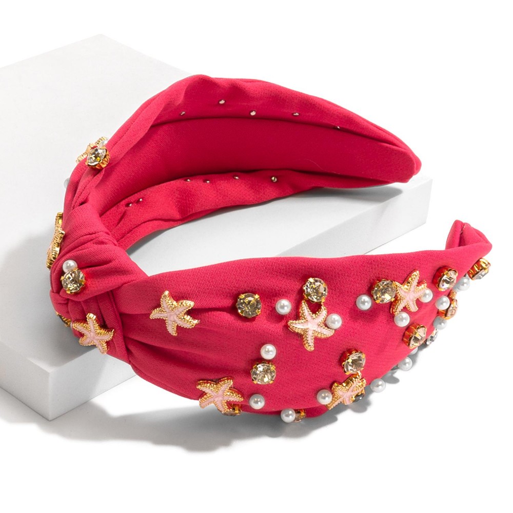 Rhinestone & Pearl Studded Knotted Headband Featuring Metal Starfish - One Size Fits Most view 2