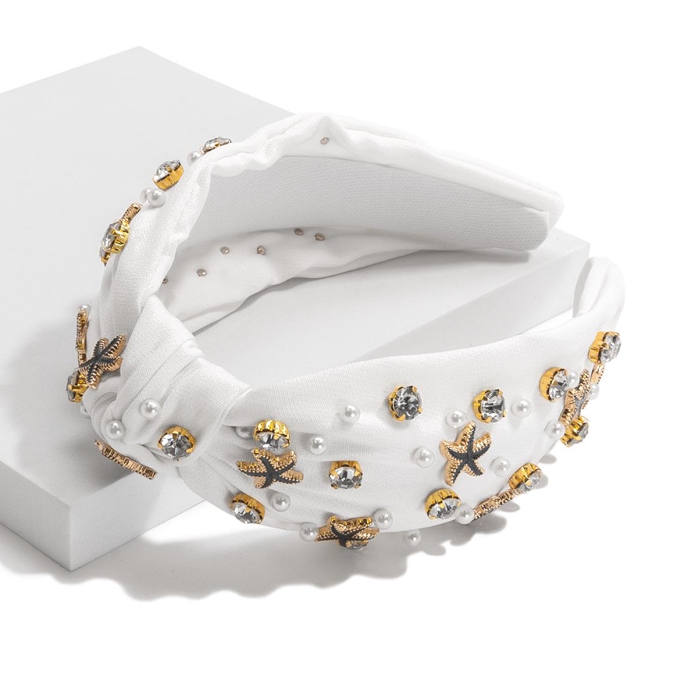 Rhinestone & Pearl Studded Knotted Headband Featuring Metal Starfish - One Size Fits Most view 2