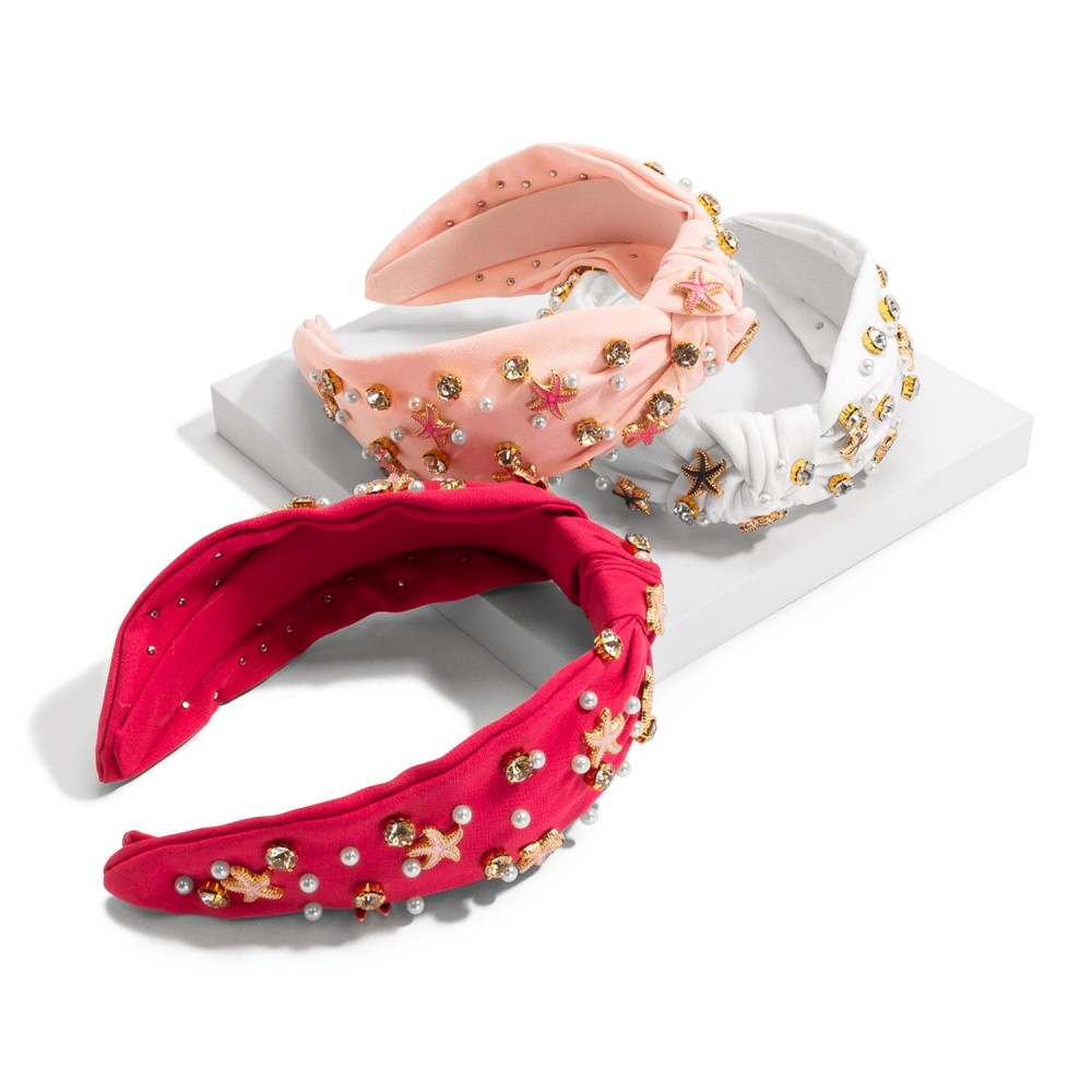 Rhinestone & Pearl Studded Knotted Headband Featuring Metal Starfish - One Size Fits Most view 4