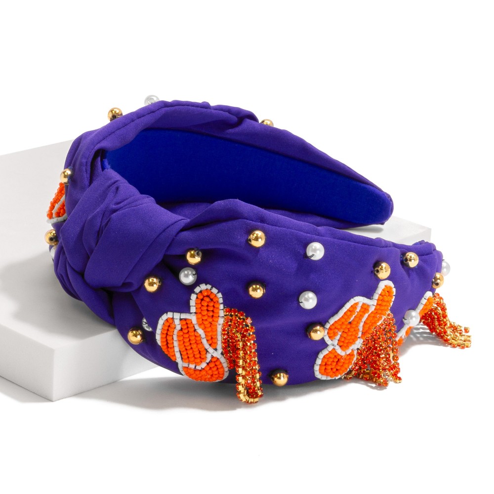 Beaded Knotted Headband Featuring Seed Bead Cowboy Hat With Rhinestone Fringe Detail - One Size Fits Most view 2