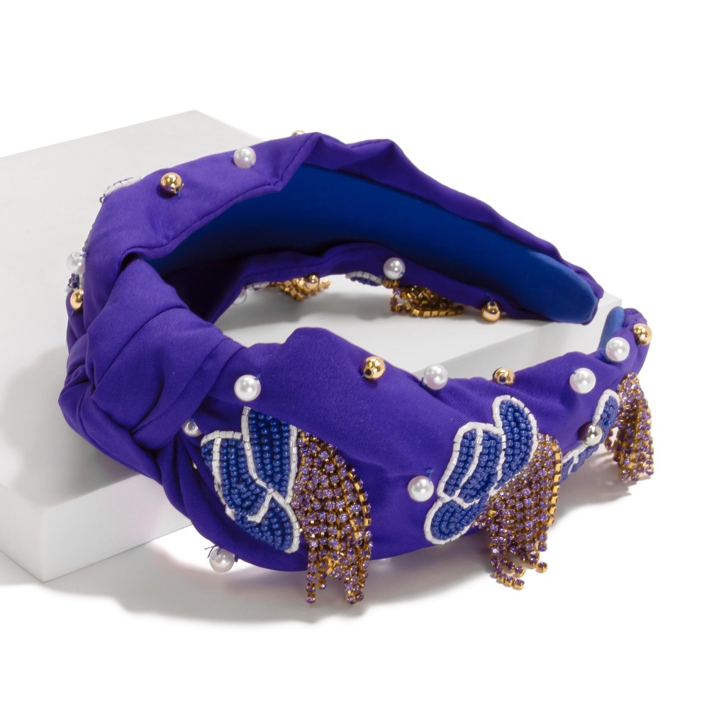 Beaded Knotted Headband Featuring Seed Bead Cowboy Hat With Rhinestone Fringe Detail - One Size Fits Most view 2