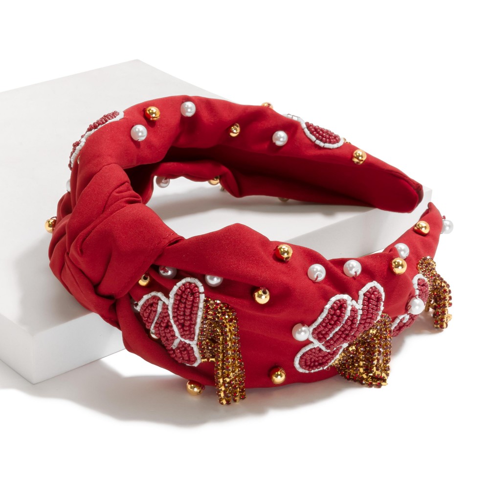 Beaded Knotted Headband Featuring Seed Bead Cowboy Hat With Rhinestone Fringe Detail - One Size Fits Most view 2