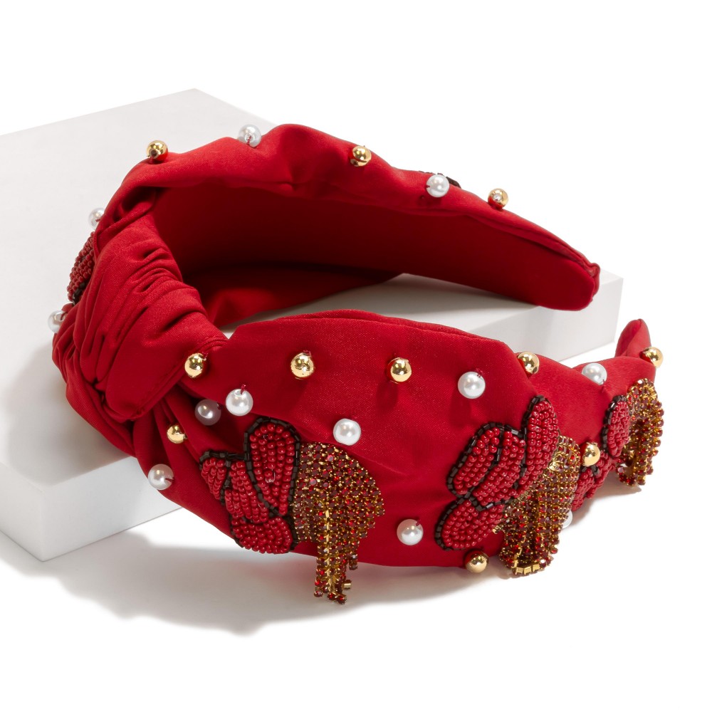 Beaded Knotted Headband Featuring Seed Bead Cowboy Hat With Rhinestone Fringe Detail - One Size Fits Most view 2