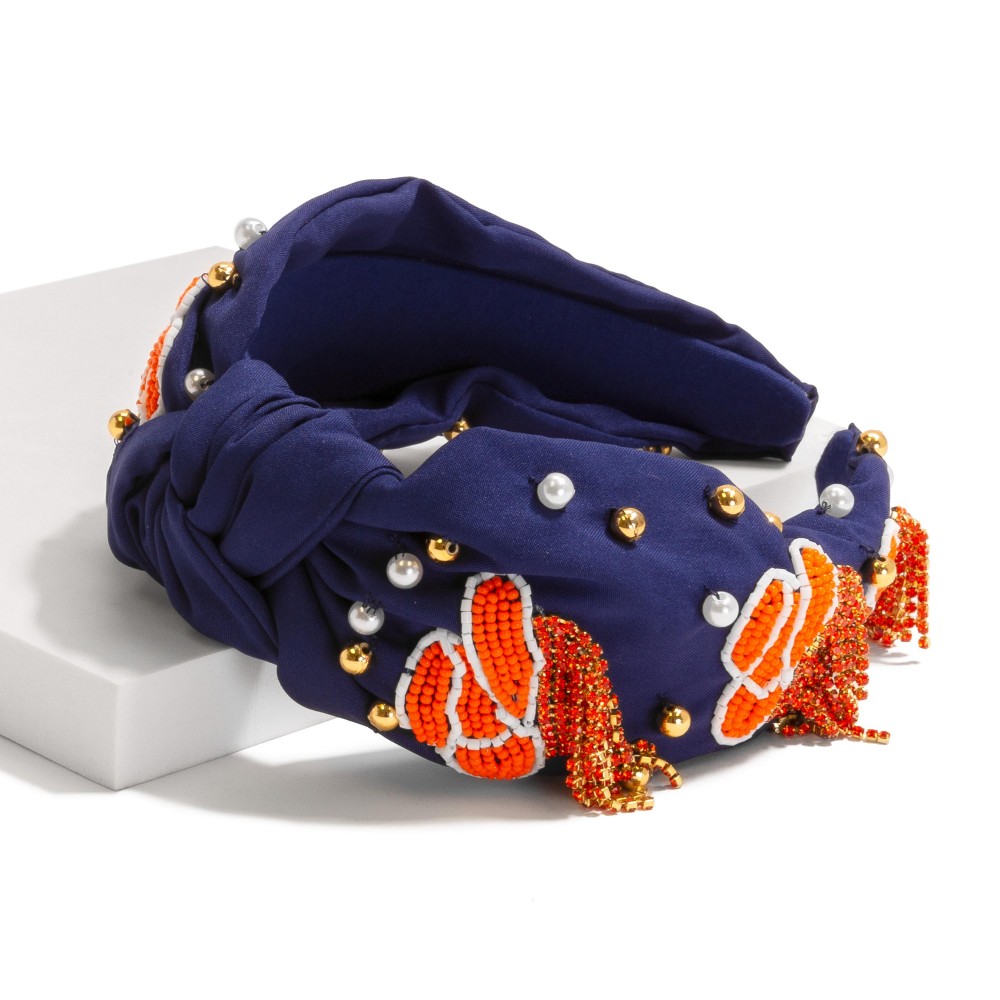 Beaded Knotted Headband Featuring Seed Bead Cowboy Hat With Rhinestone Fringe Detail - One Size Fits Most view 2