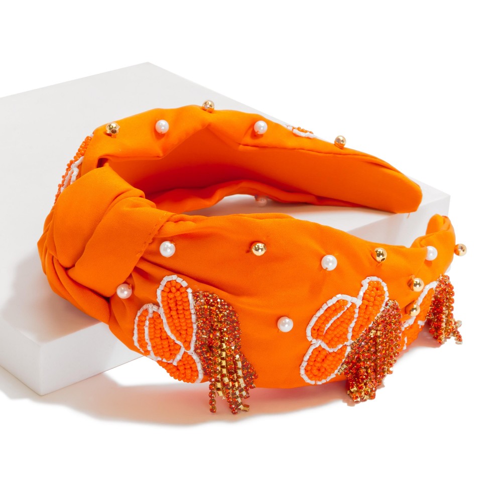 Beaded Knotted Headband Featuring Seed Bead Cowboy Hat With Rhinestone Fringe Detail - One Size Fits Most view 2