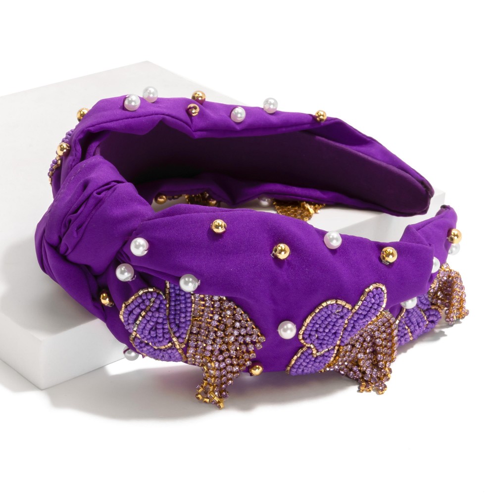Beaded Knotted Headband Featuring Seed Bead Cowboy Hat With Rhinestone Fringe Detail - One Size Fits Most view 2