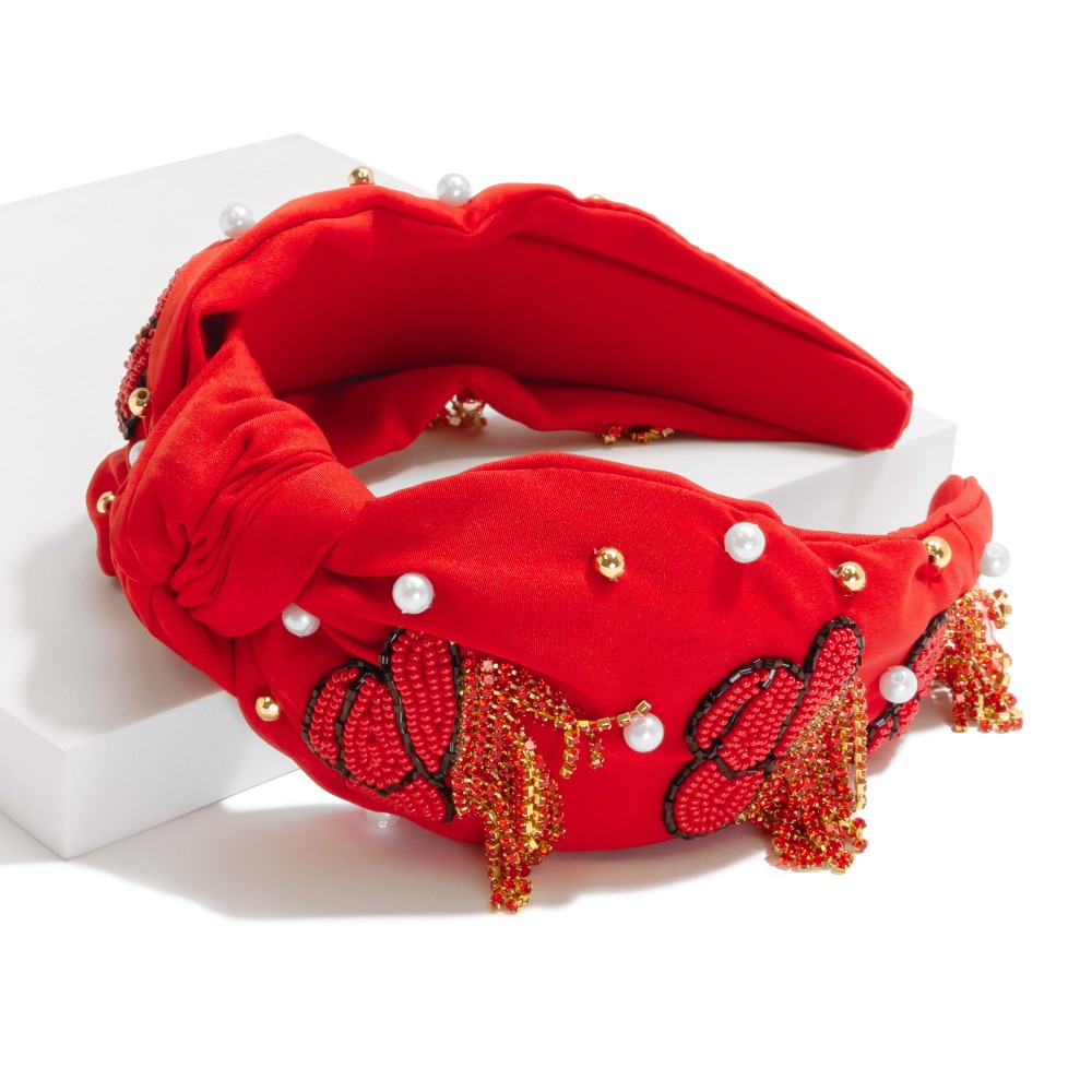 Beaded Knotted Headband Featuring Seed Bead Cowboy Hat With Rhinestone Fringe Detail - One Size Fits Most view 2