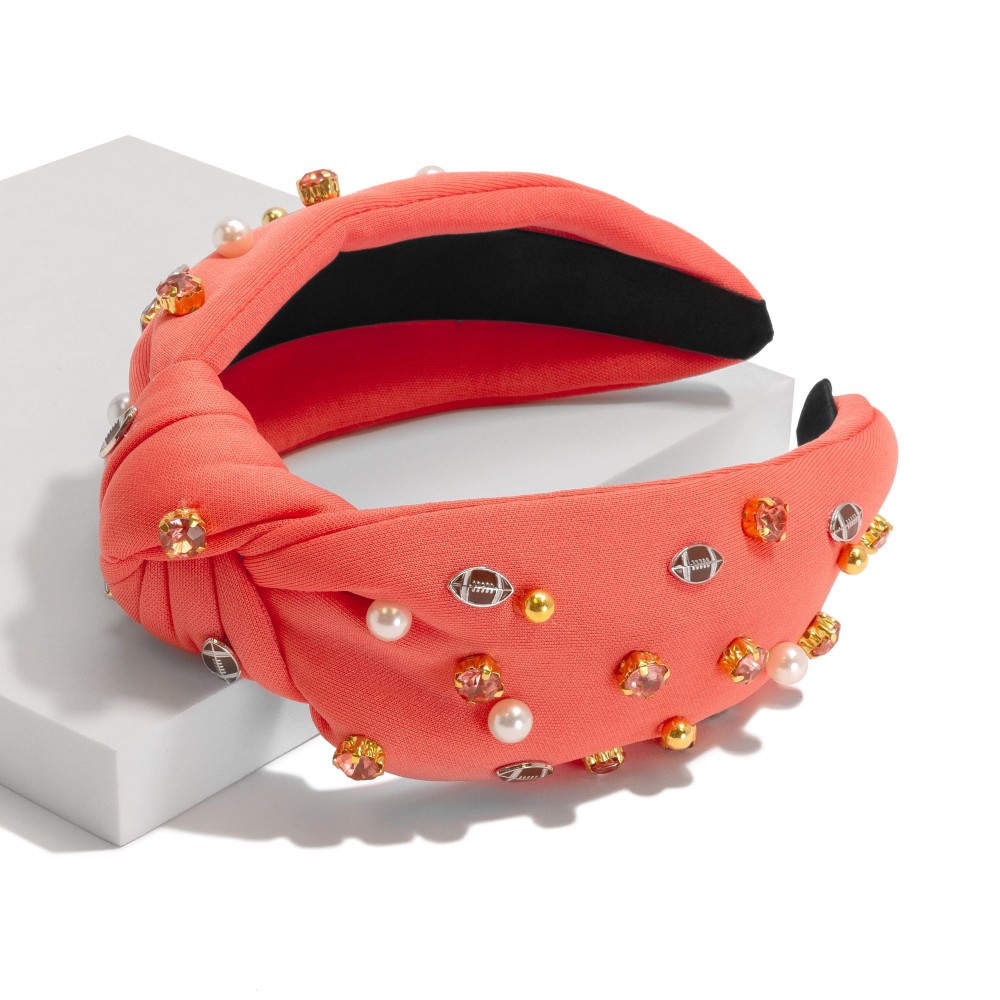 Game Day Football, Pearl, and Rhinestone Studs Knotted Headband - One Size Fits Most view 2