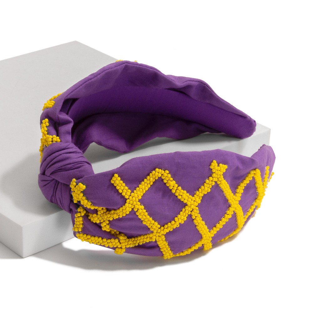 Game Day Seed Beaded Hollow Checkered Knotted Headband - One Size Fits Most view 2