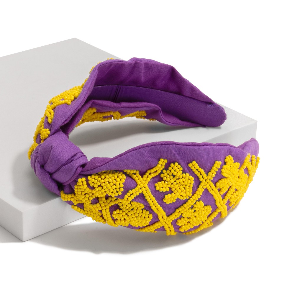 Game Day Seed Beaded Checkered Paw Print Knotted Headband - One Size Fits Most view 2