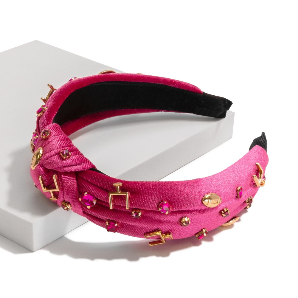 Velour Game Day Knotted Headband Featuring Rhinestones and Gold Tone Footballs - One Size Fits Most view 2