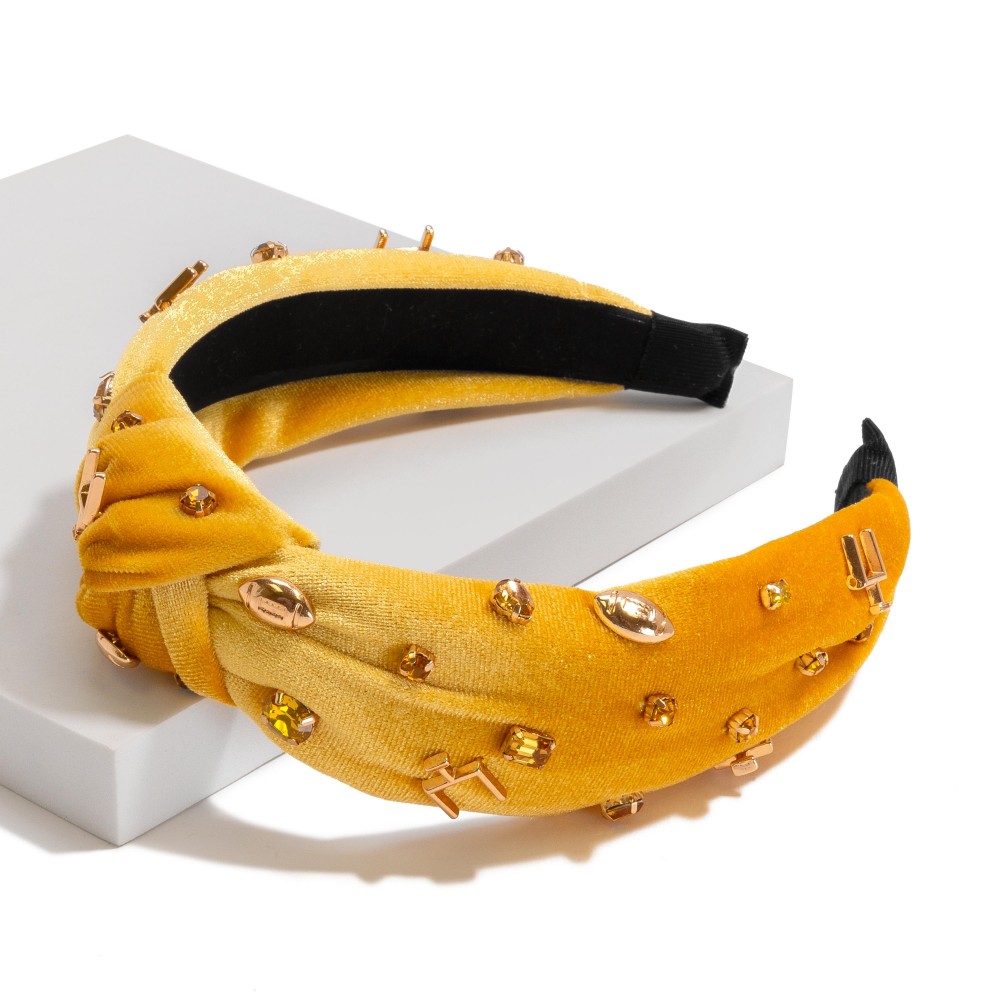 Velour Game Day Knotted Headband Featuring Rhinestones and Gold Tone Footballs - One Size Fits Most view 2