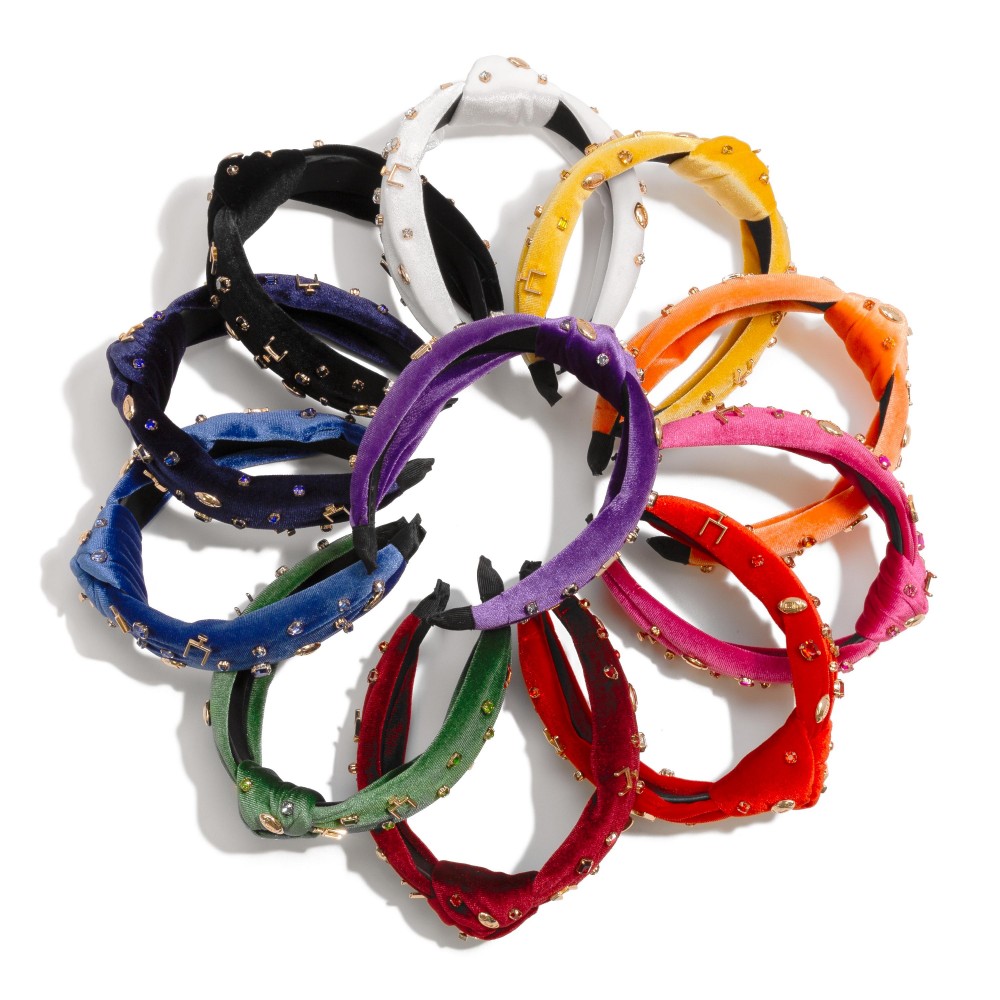 Velour Game Day Knotted Headband Featuring Rhinestones and Gold Tone Footballs - One Size Fits Most view 4