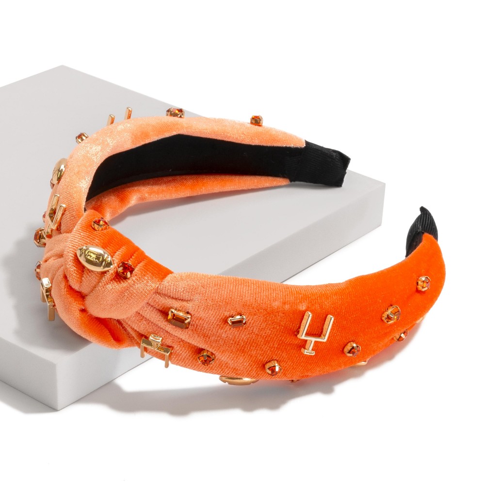 Velour Game Day Knotted Headband Featuring Rhinestones and Gold Tone Footballs - One Size Fits Most view 2