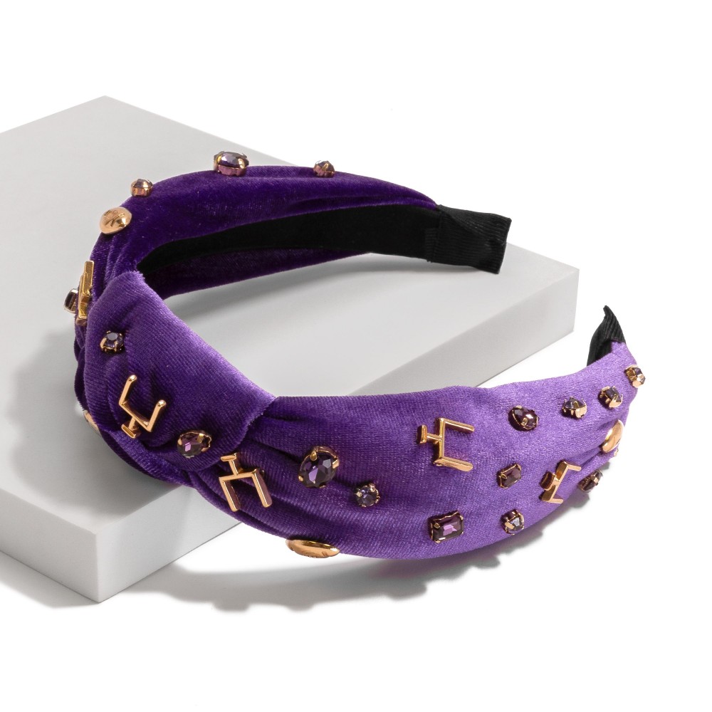 Velour Game Day Knotted Headband Featuring Rhinestones and Gold Tone Footballs - One Size Fits Most view 2