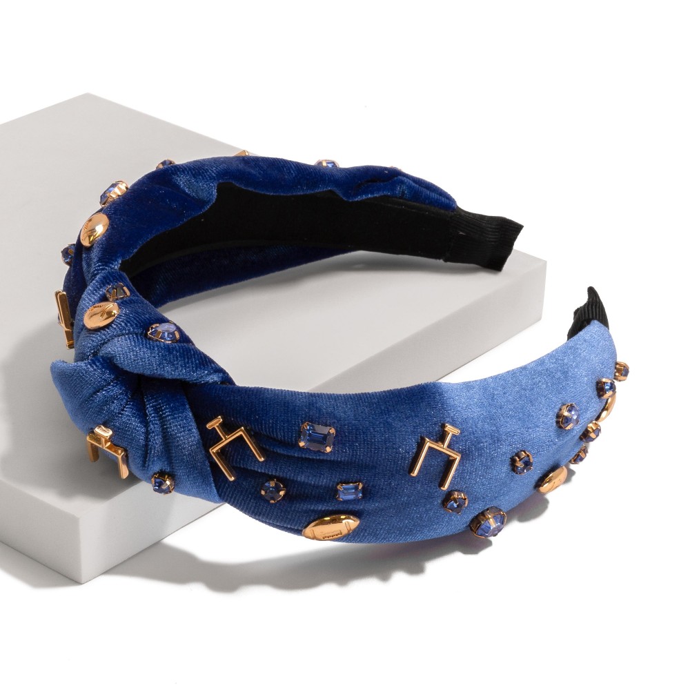 Velour Game Day Knotted Headband Featuring Rhinestones and Gold Tone Footballs - One Size Fits Most view 2