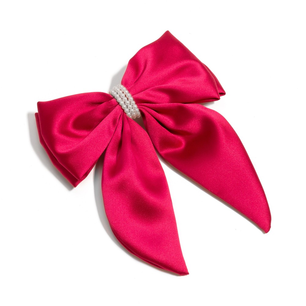 Large Ribbon Hair Bow Clip With Pearl Details - Approximately 7" L x 6" W view 2