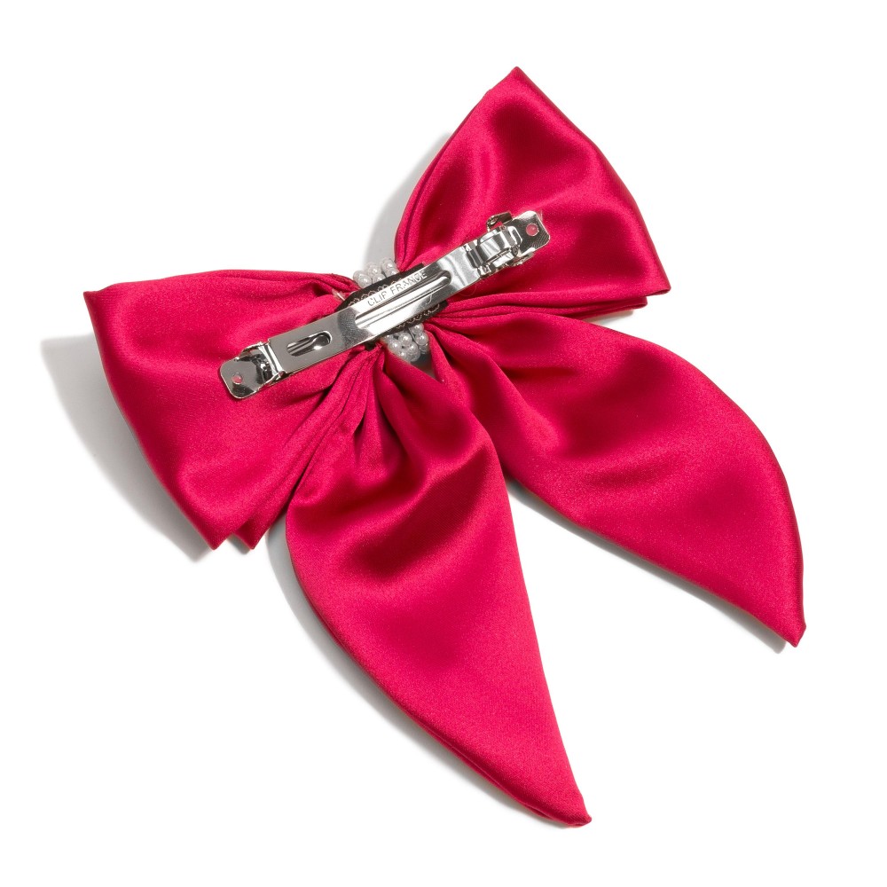 Large Ribbon Hair Bow Clip With Pearl Details - Approximately 7" L x 6" W view 4