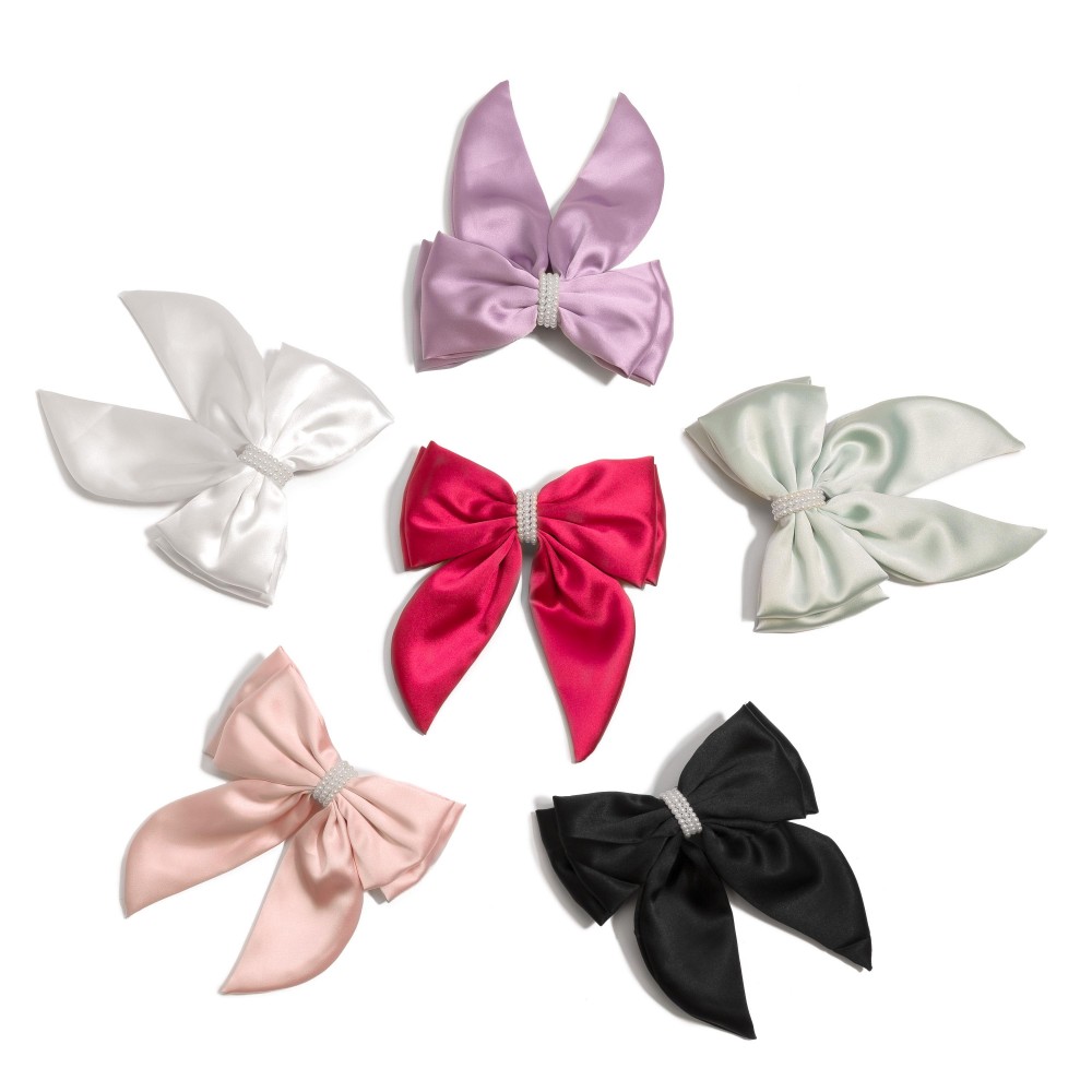 Large Ribbon Hair Bow Clip With Pearl Details - Approximately 7" L x 6" W view 6