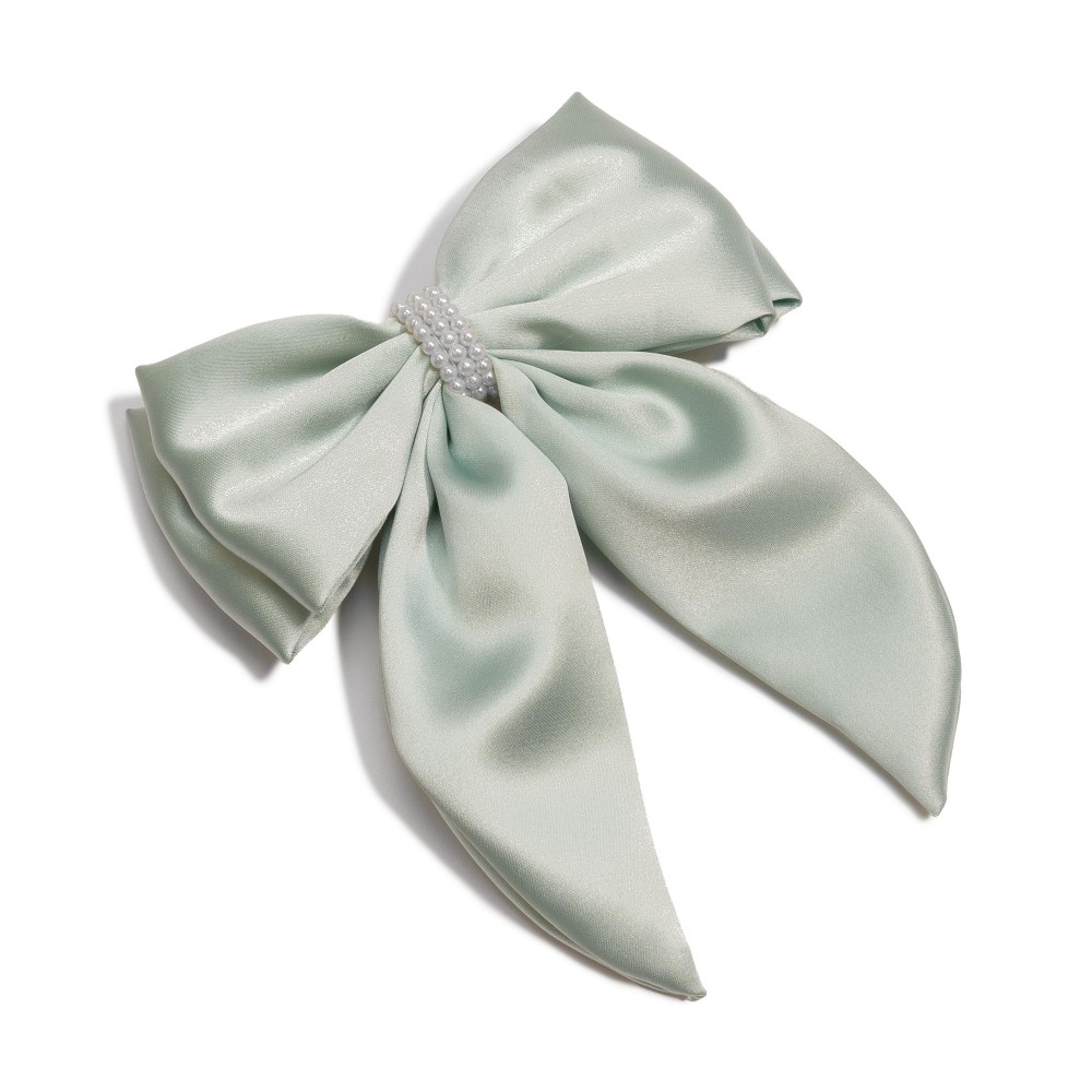 Large Ribbon Hair Bow Clip With Pearl Details - Approximately 7" L x 6" W view 2