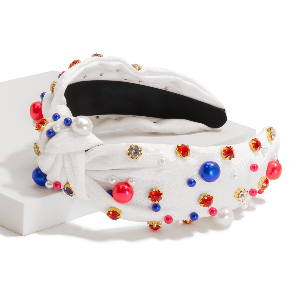 Americana Knotted Headband Featuring Rhinestones & Pearls - One Size Fits Most view 2