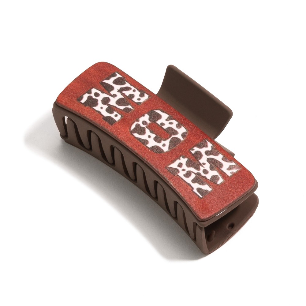 Vegan Leather Cow Print "Mom" Hair Clip - Approximately 4" W view 2