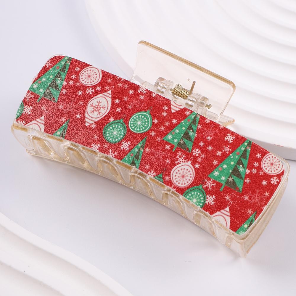 Clear Hair Claw Clip With Vegan Leather Christmas Print Detail - Approximately 4" L view 2