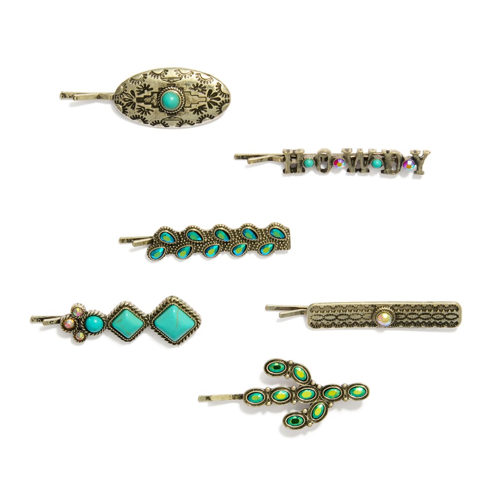 Set Of Six Metal Tone Western Bobby Pins Featuring Turquoise & Rhinestone Accents - Approximately 2" L view 2