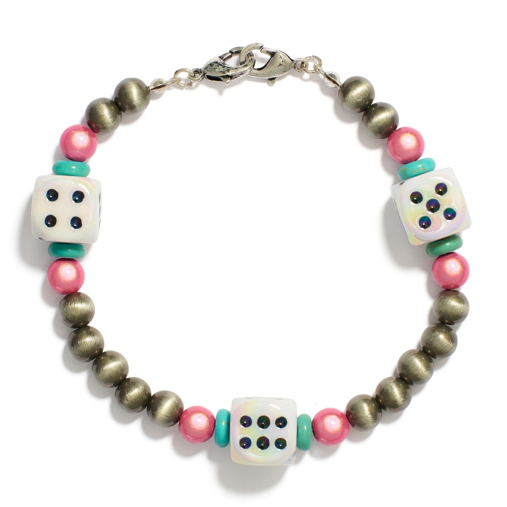 Beaded Trucker Hat Chain Featuring Brushed Beads, Turquoise, & Dice - Approximately 3.5" D view 2
