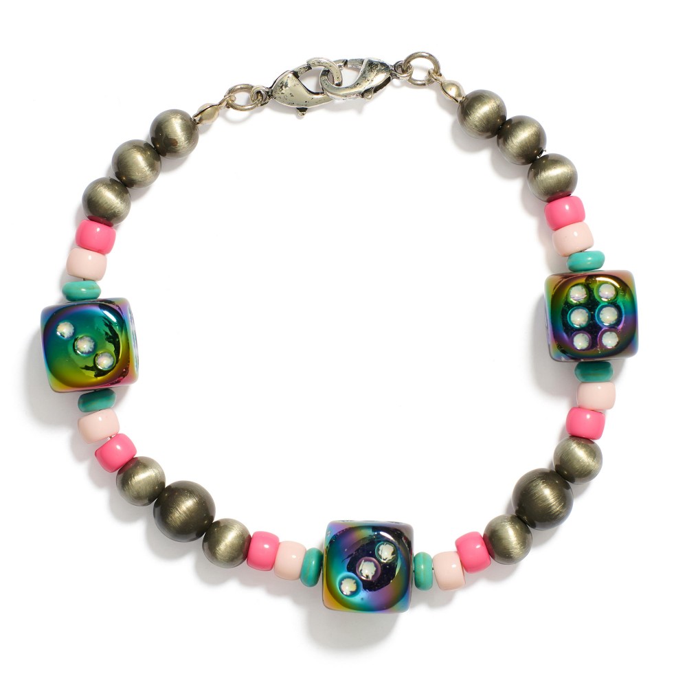 Beaded Trucker Hat Chain Featuring Brushed Beads & Iridescent Dice - Approximately 3.5" D view 2