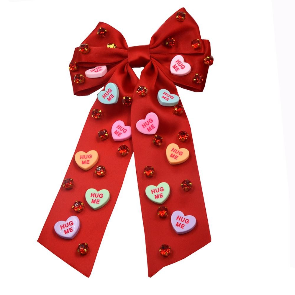 Satin Clip-In Hair Bow Featuring Valentines Conversation Hearts & Rhinestone Details - One Size Fits Most view 2