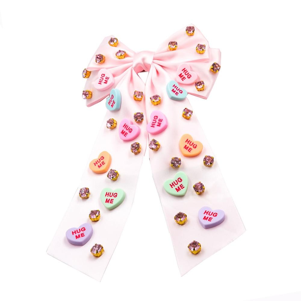 Satin Clip-In Hair Bow Featuring Valentines Conversation Hearts & Rhinestone Details - One Size Fits Most view 2