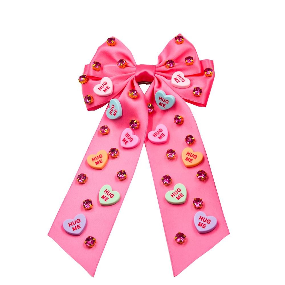 Satin Clip-In Hair Bow Featuring Valentines Conversation Hearts & Rhinestone Details - One Size Fits Most view 2