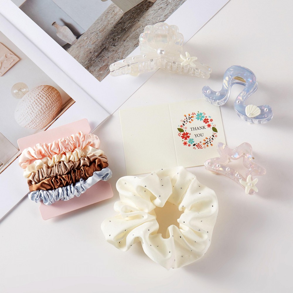 Beach Theme Hair Accessory Box Box Includes: - 3 Claw Hair Clips - 1 Large Scrunchy With Rhinestone Details - 5 Mini Silky Scrunchies view 2