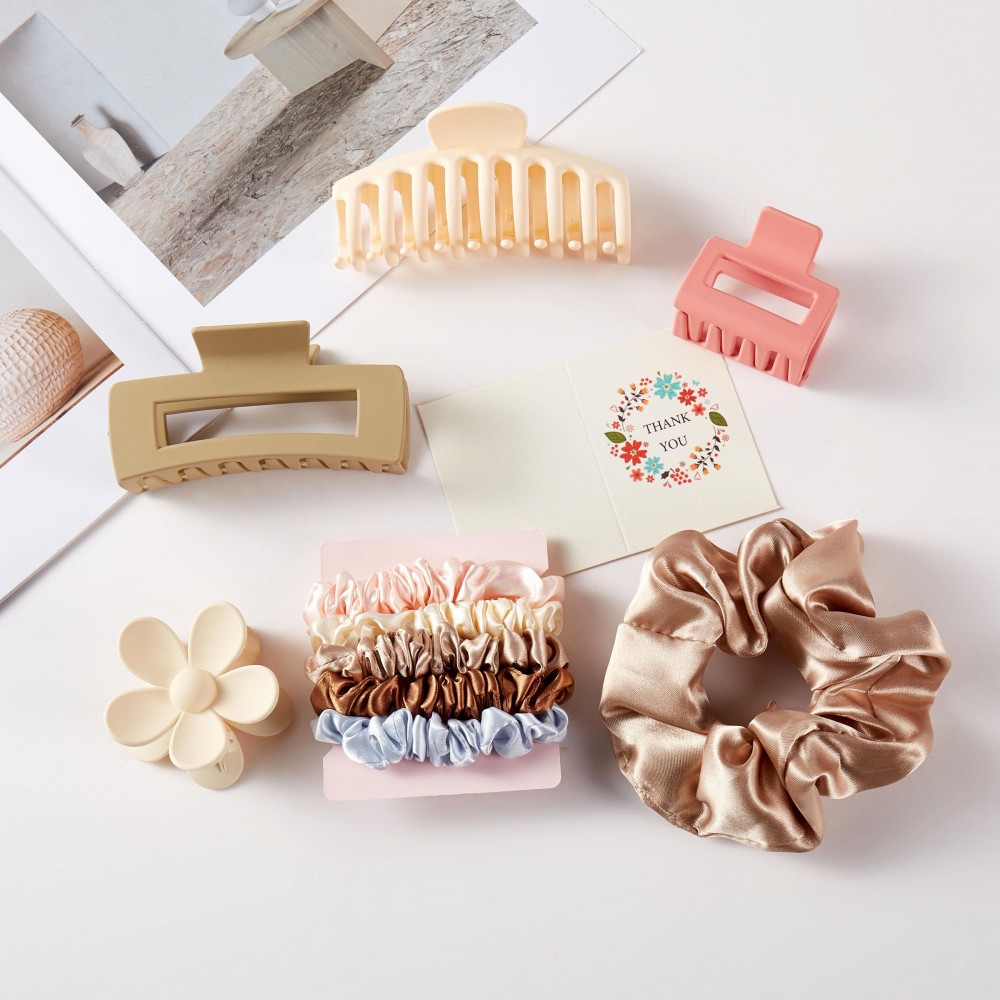 Multi Color Hair Accessory Box Box Includes: - 4 Matte Claw Hair Clips - 1 Large Silky Scrunchy - 5 Mini Silky Scrunchies view 2