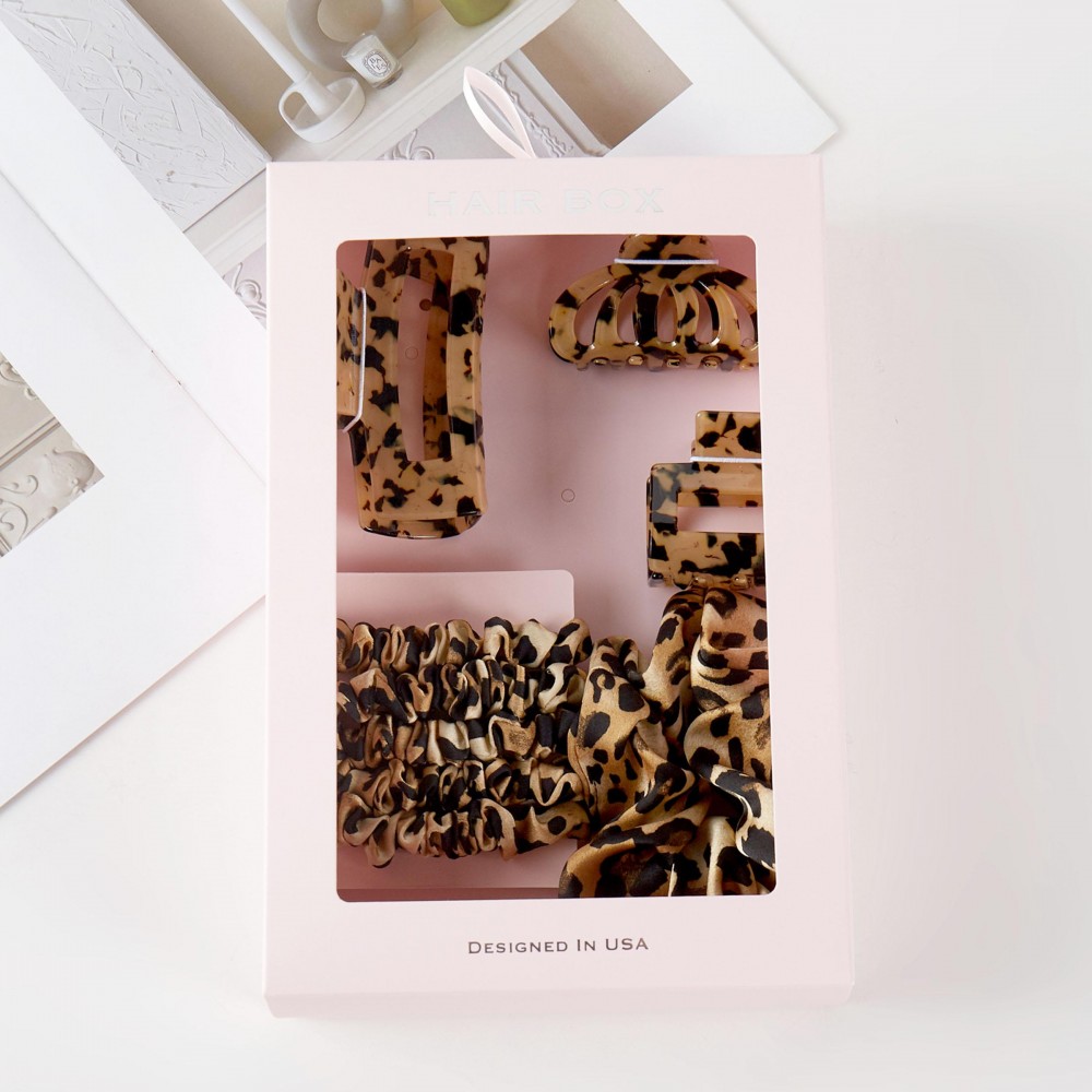Leopard Theme Hair Accessory Box Box Includes: - 3 Claw Hair Clips - 1 Large Scrunchy - 5 Mini Silky Scrunchies view 4