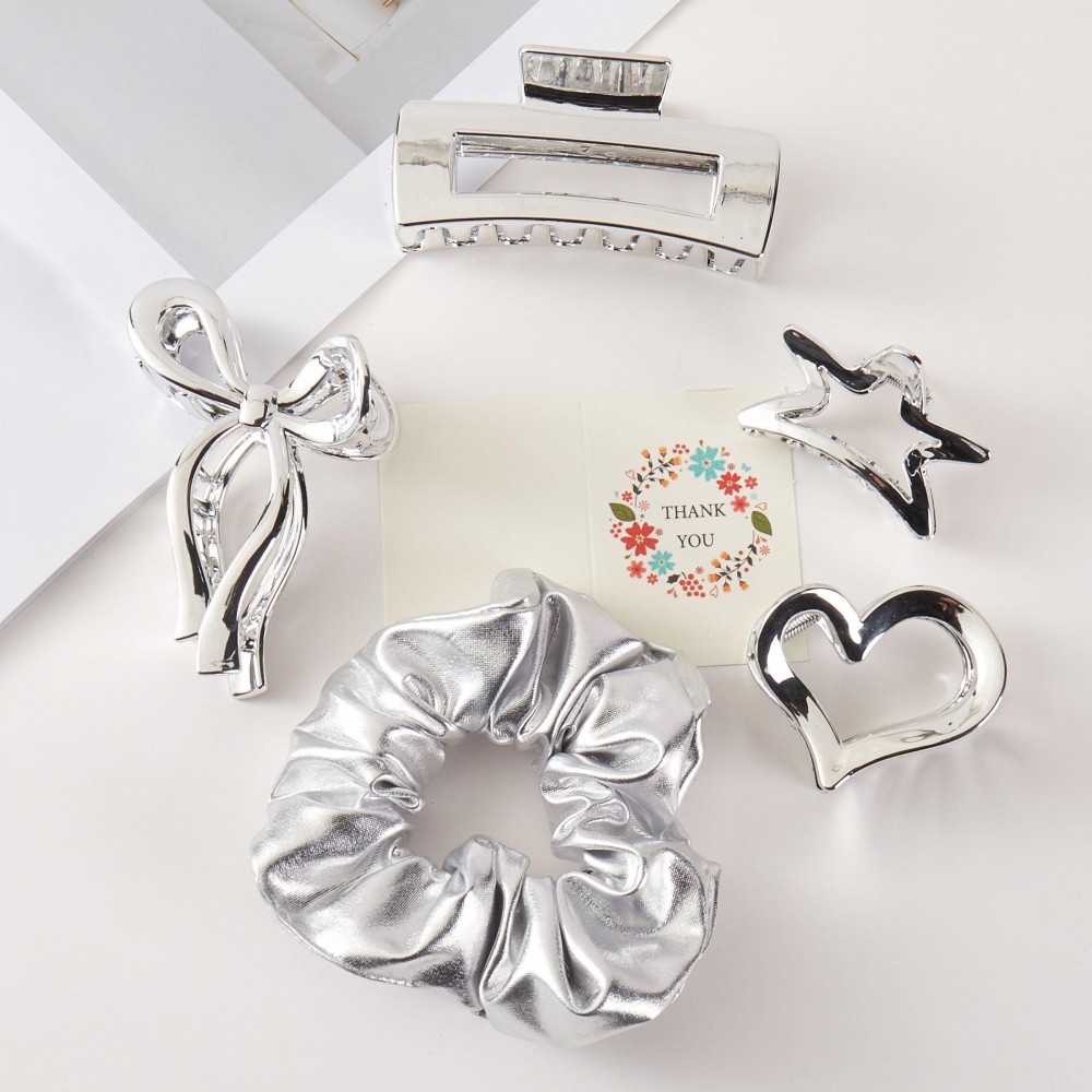 Metallic Theme Hair Accessory Box Box Includes: - 4 Claw Hair Clips - 1 Large Scrunchy view 2