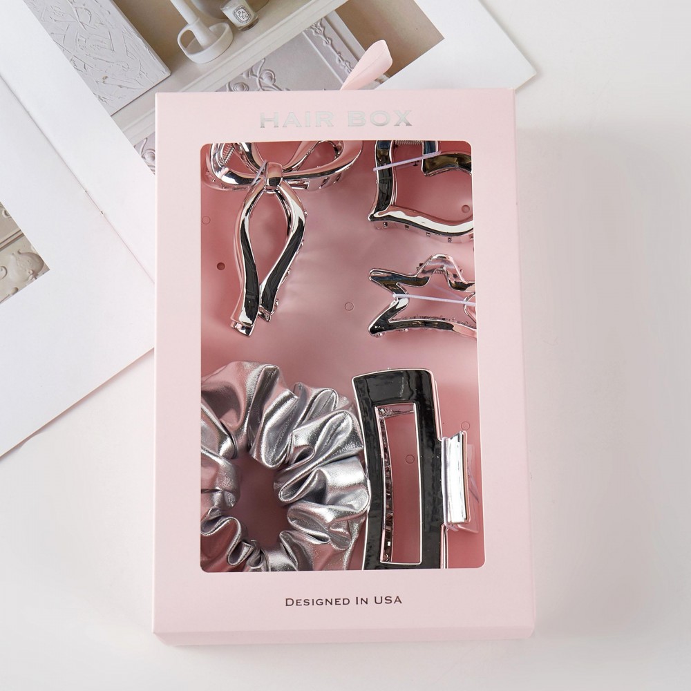 Metallic Theme Hair Accessory Box Box Includes: - 4 Claw Hair Clips - 1 Large Scrunchy view 4