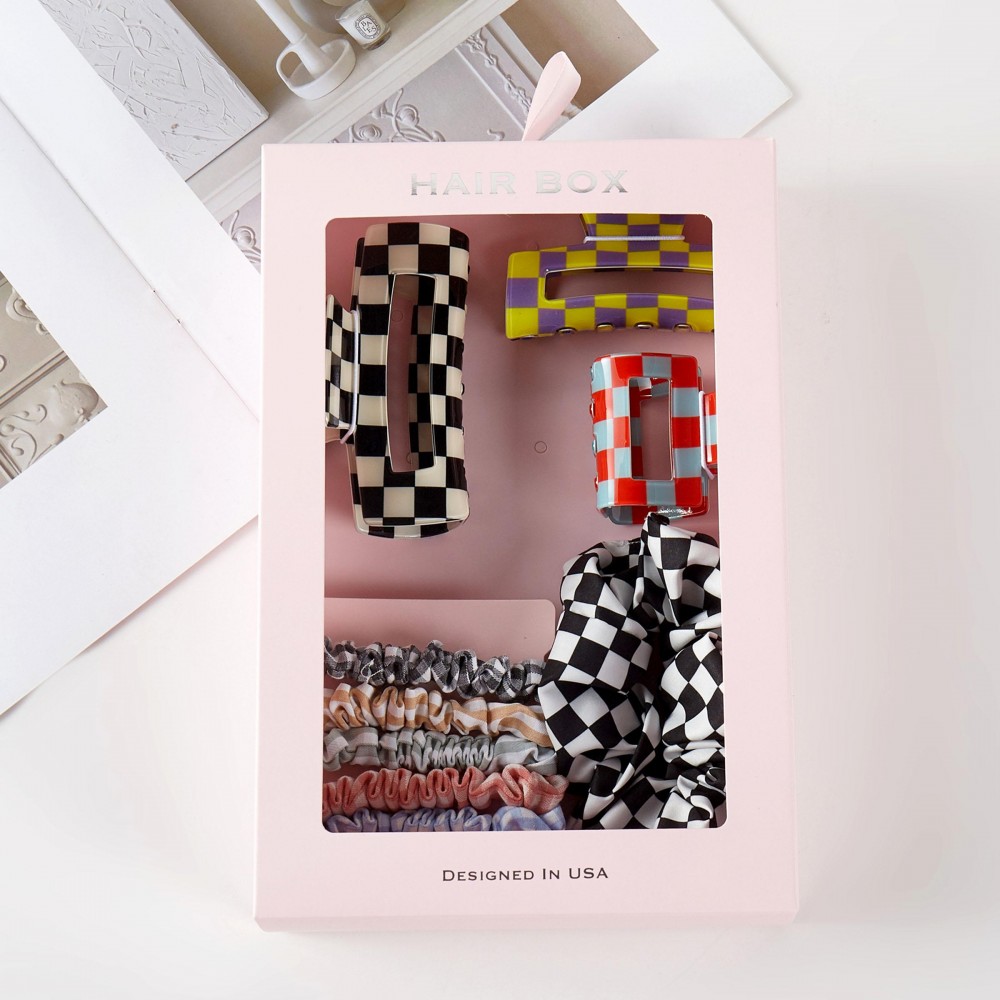 Checker Hair Accessory Box Box Includes: - 3 Claw Hair Clips - 1 Large Scrunchy With Rhinestone Details - 5 Mini Scrunchies view 4