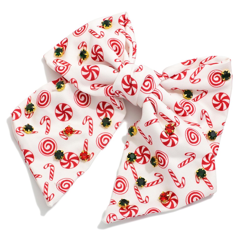 Candy Cane Print Clip In Hair Bow With Rhinestone Detailing - Approximately 7" L view 2