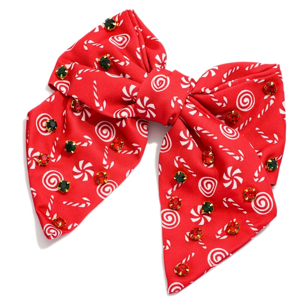 Candy Cane Print Clip In Hair Bow With Rhinestone Detailing - Approximately 7" L view 2